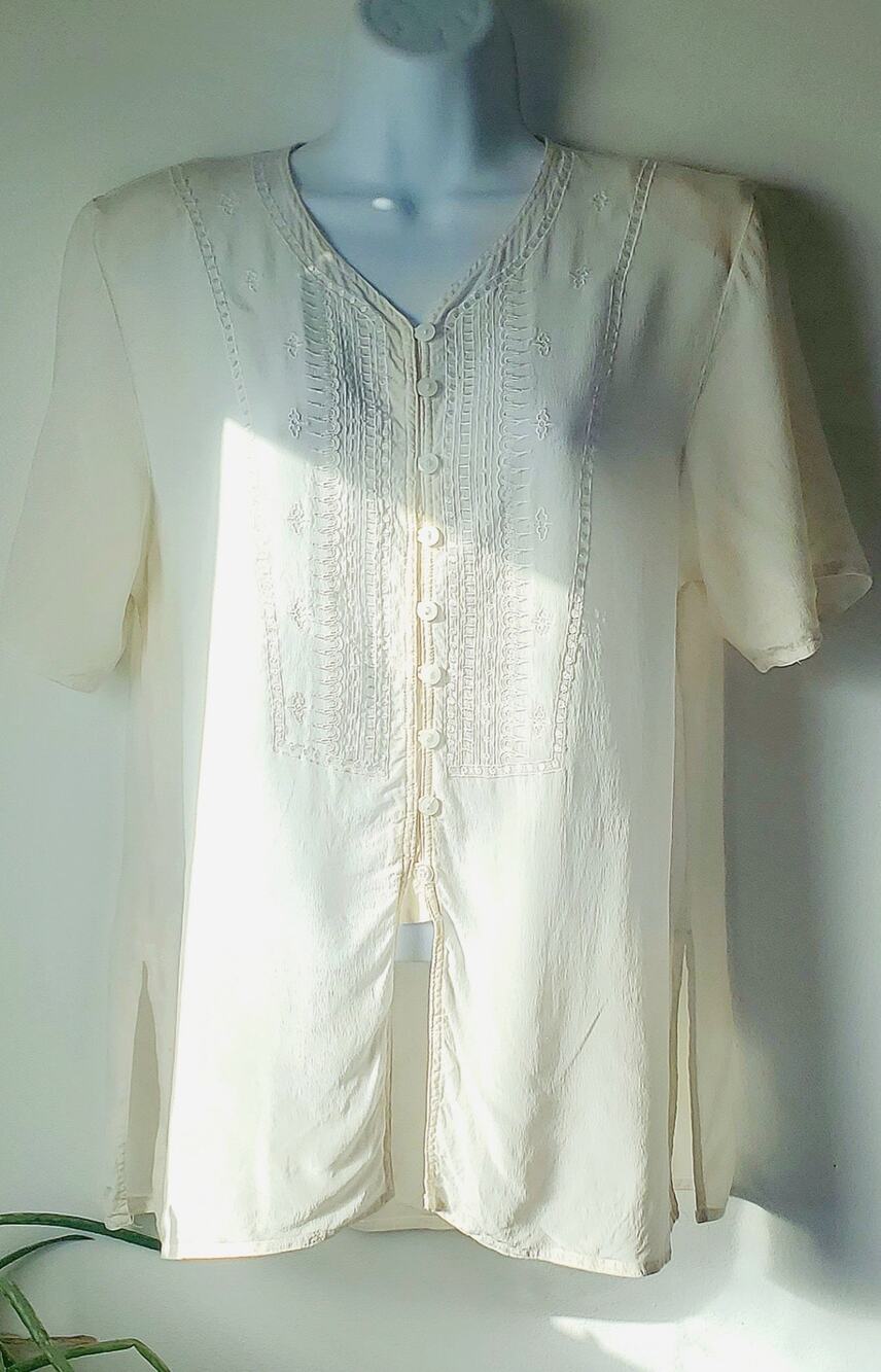 Deluxe Womens Cream Short Sleeve Silk Embroidered Blouse Size M Asian Hippie 90s